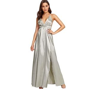 Long satin prom formal dress silver with slit